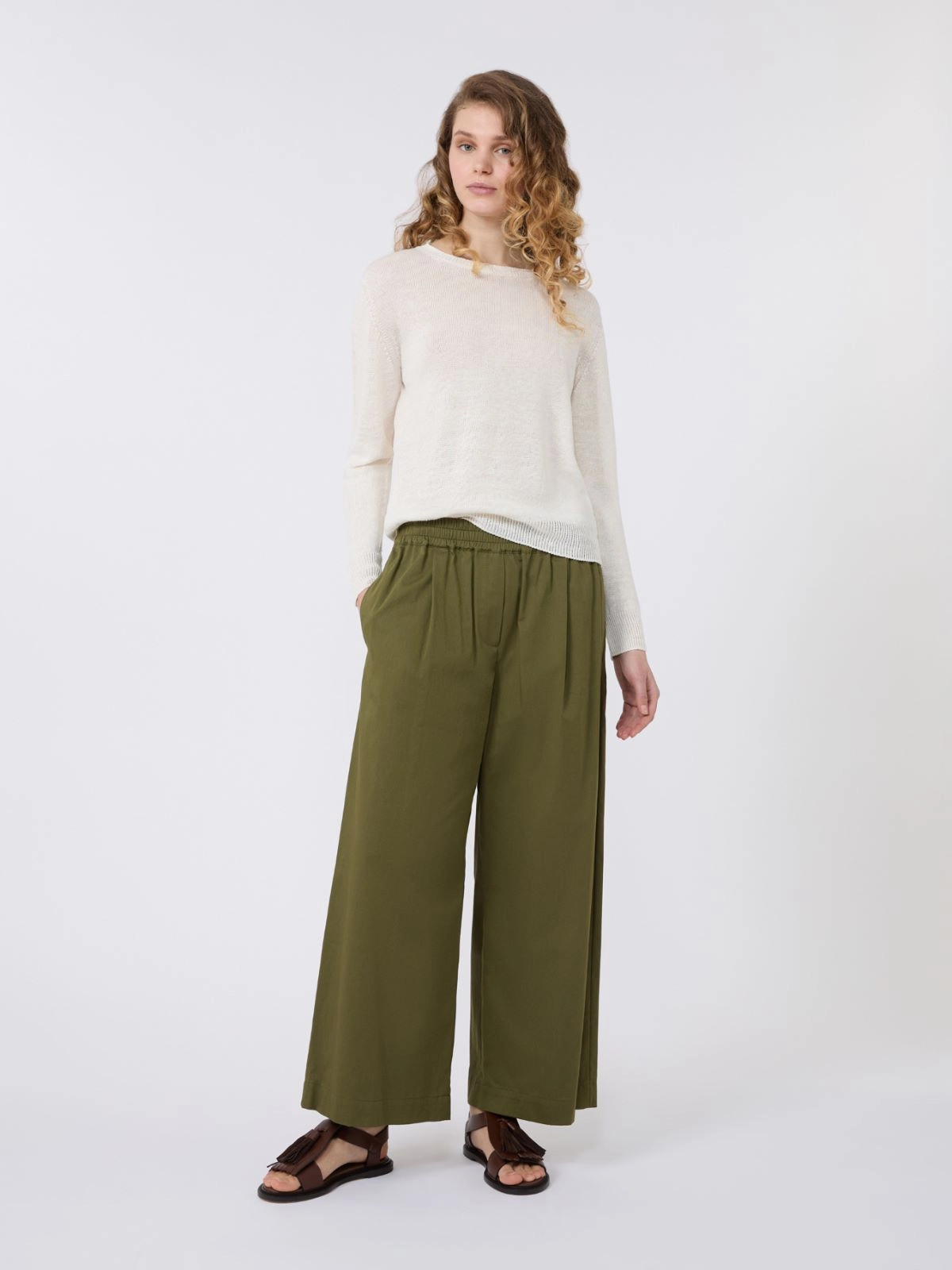 Pleated Wide-Leg Cropped Pants with Comfortable Elastic Waistband