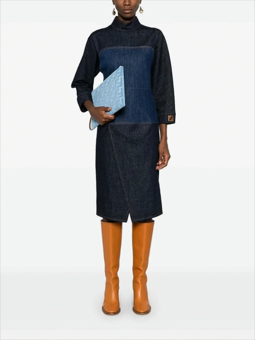 Patchwork Midi Dress with High Neckline