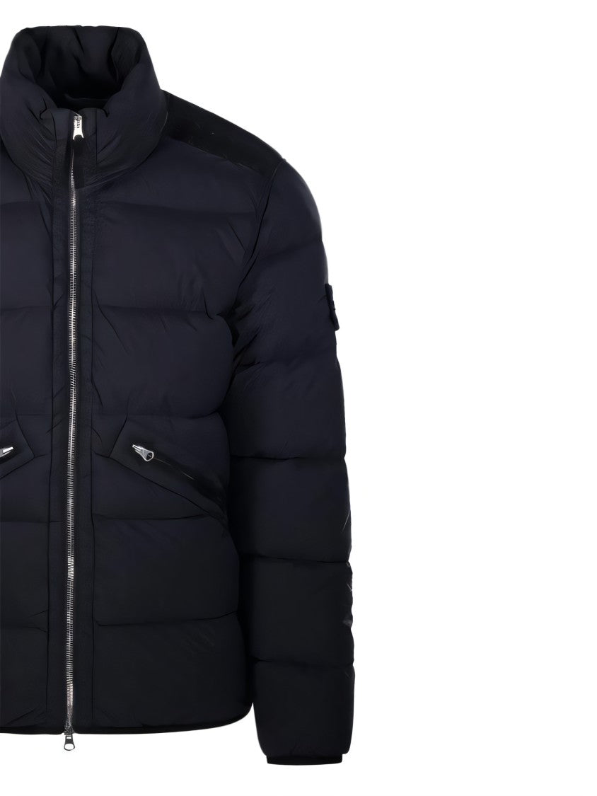 Quilted Black Padded Jacket With High Collar And Logo Patch