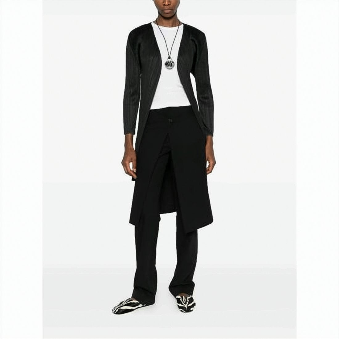 Long Pleated Cardigan with Open-Front Design