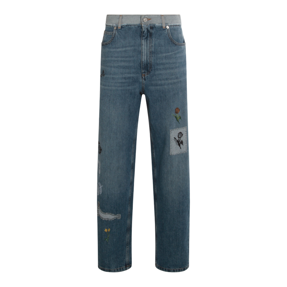 Medium-Wash Denim Jeans with Floral Embroidery