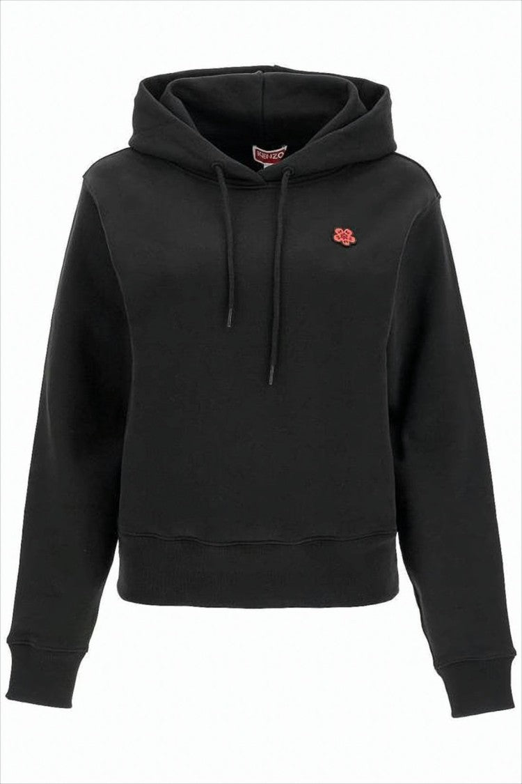 Cropped Black Hoodie With Floral Emblem And Graphic Design