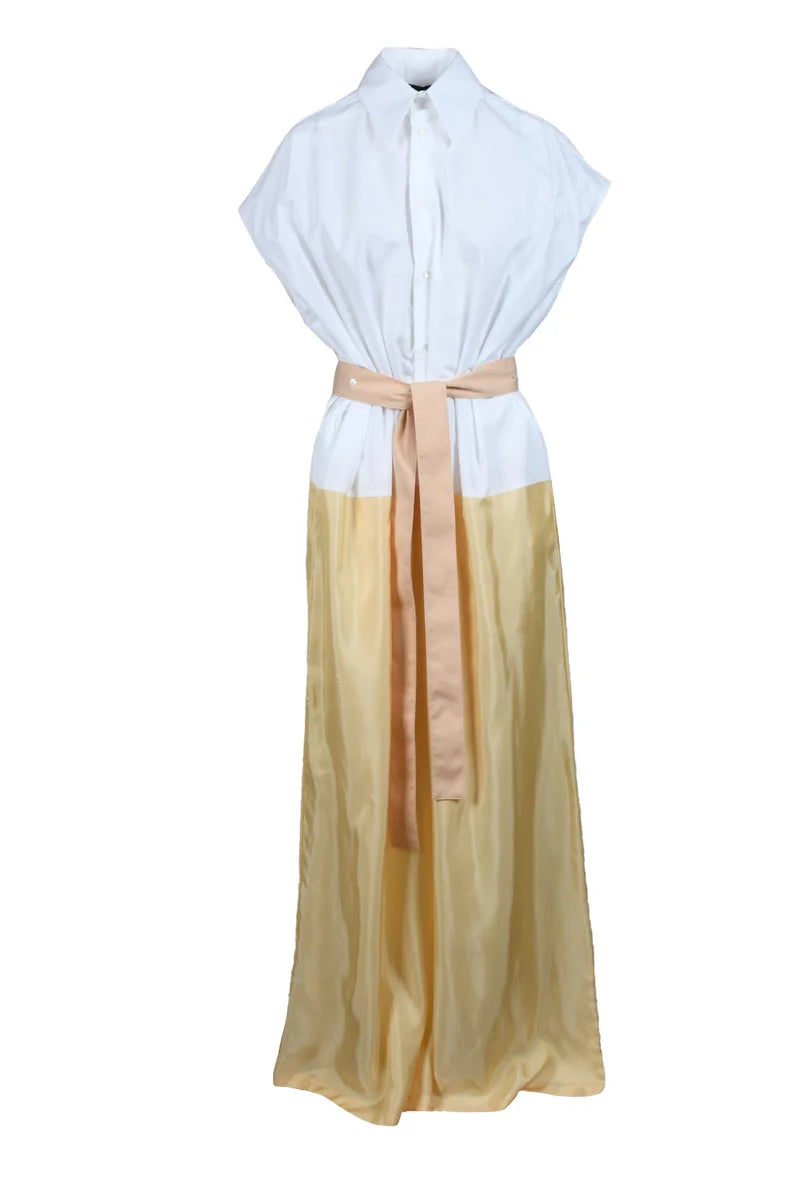 Long Cotton Dress Buttons - White/Beige