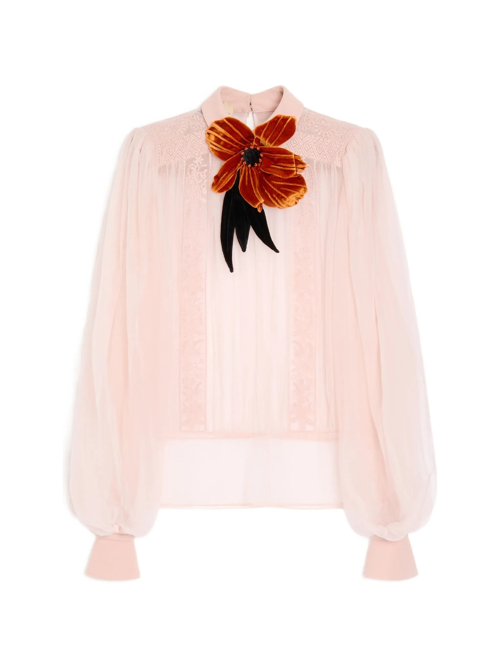 Neutral Sheer Velvet Floral Applique Blouse