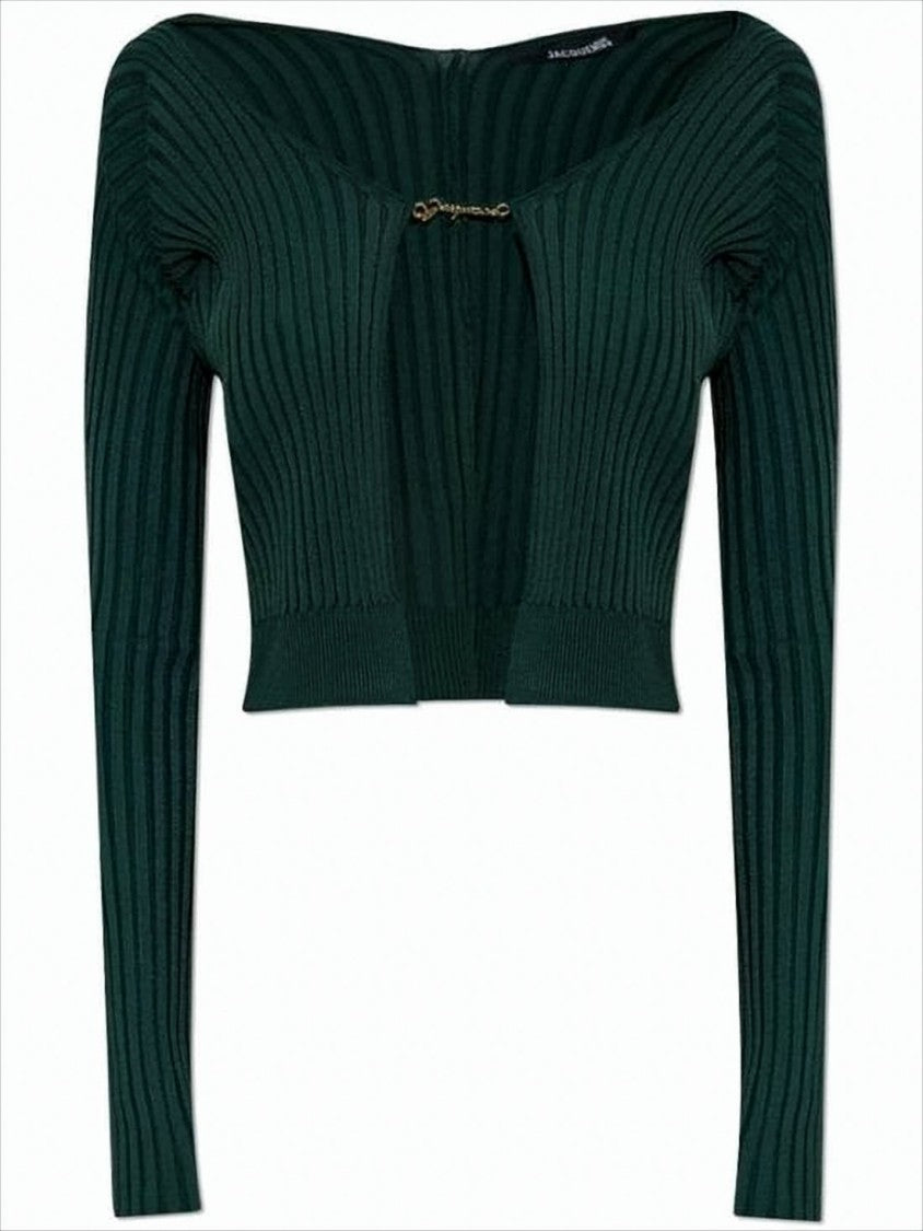 Ribbed Cropped Cardigan With Gold-Tone Clasp Closure