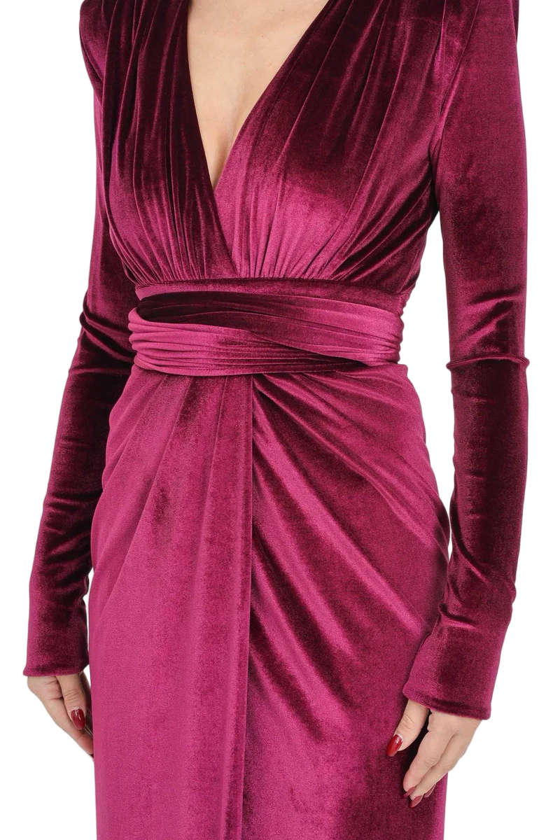 Red Polyester Elastane Women's Long Velvet Dress