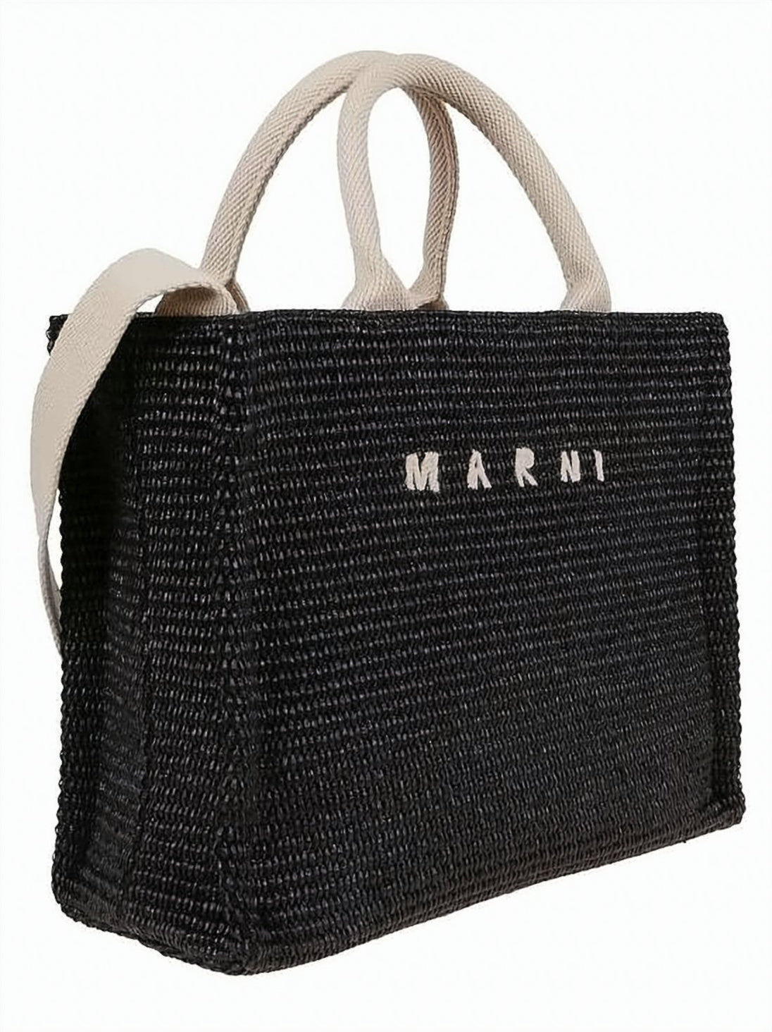 Textured Black Woven Tote Bag with Beige Handles