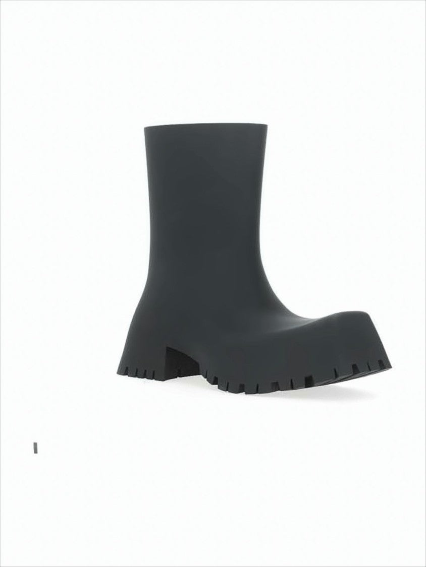 Chunky Sculptural Black Rubber Boots with Flared Heel