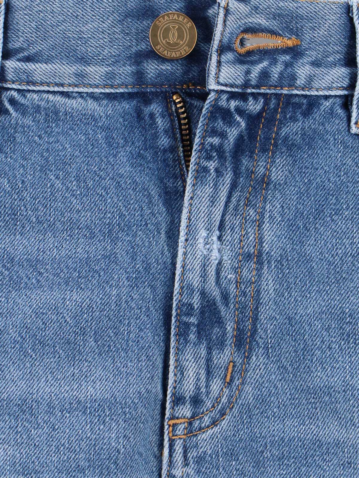 Straight-Leg Medium Blue Jeans with Fading and Whiskering