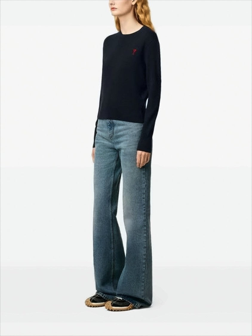 Classic Crew Neck Sweater with Embroidered Heart Detail