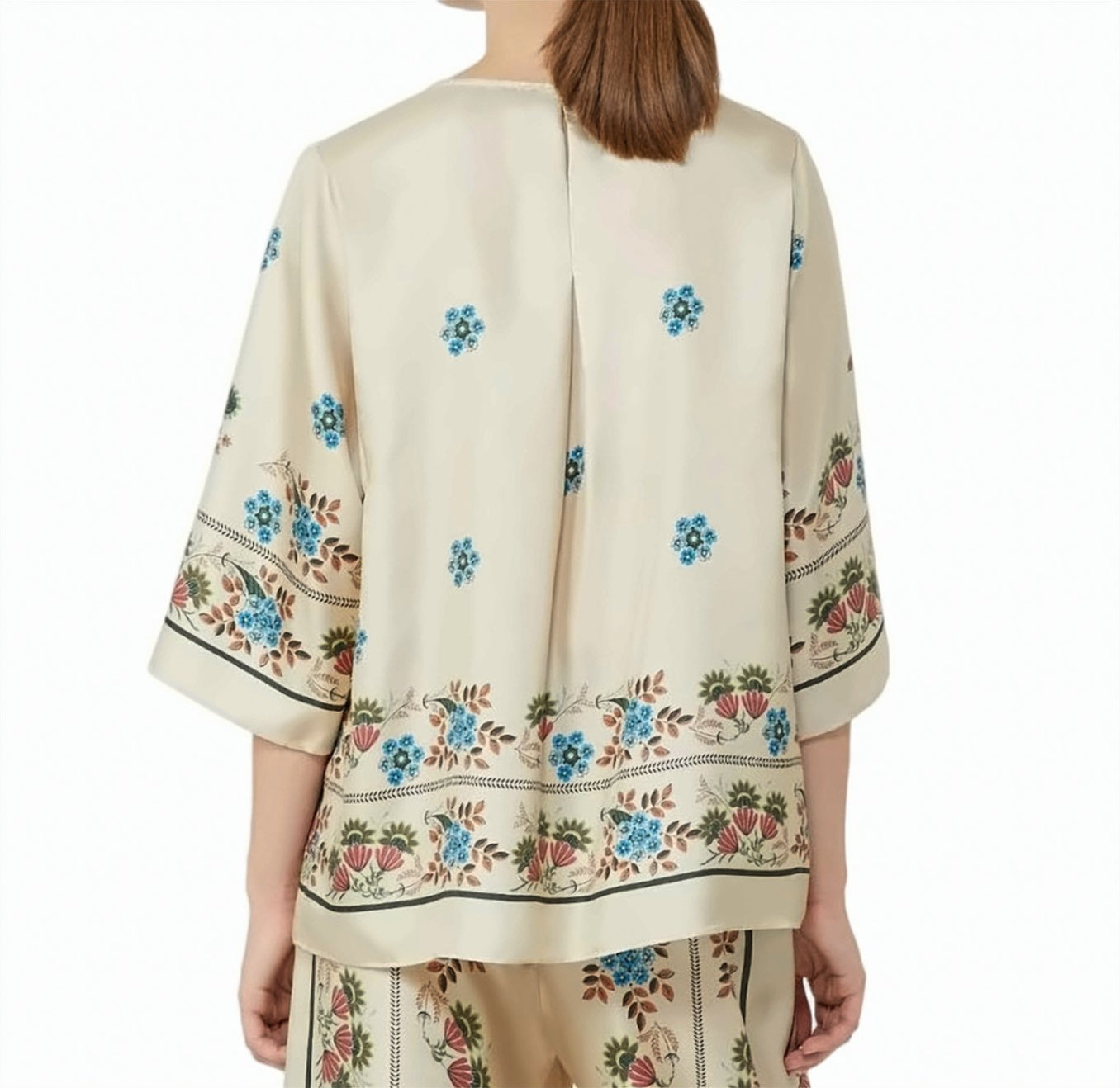 Pure Silk Twill Flared Crewneck Blouse