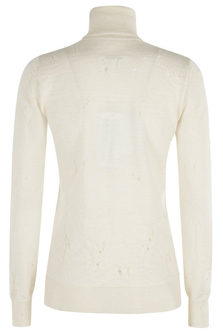 High-Neck Cream Wool Pullover With Numeric Logo