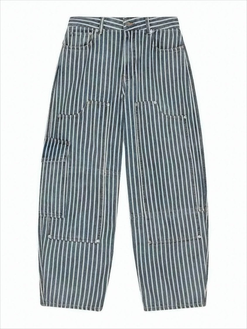 Vertical Striped Straight-Leg Pants With Cargo Pocket Detail