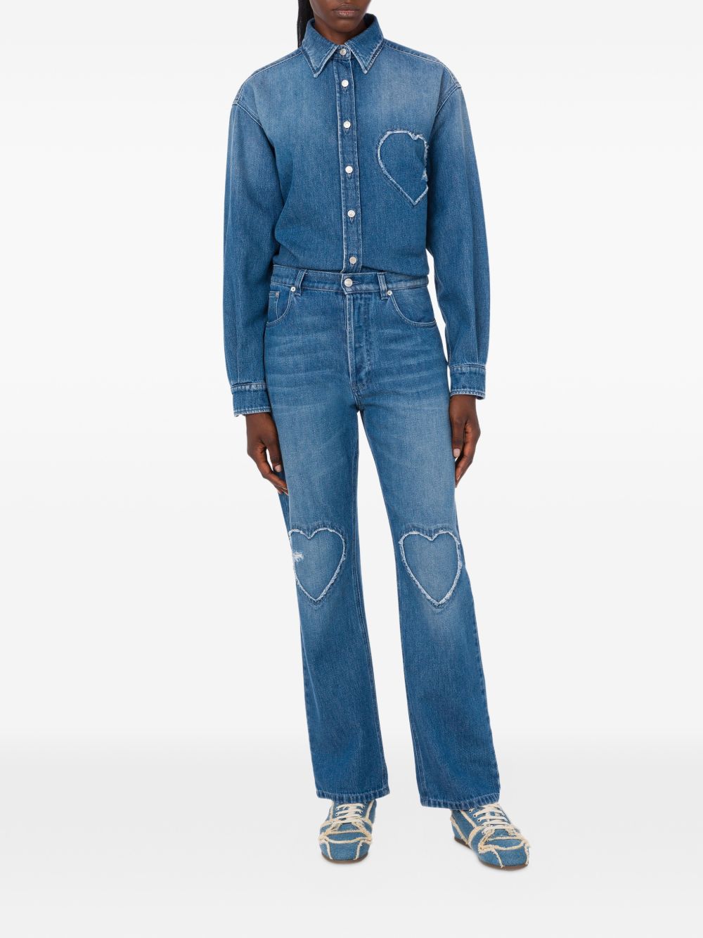 Straight-Leg Denim Trousers With Frayed Heart Patches