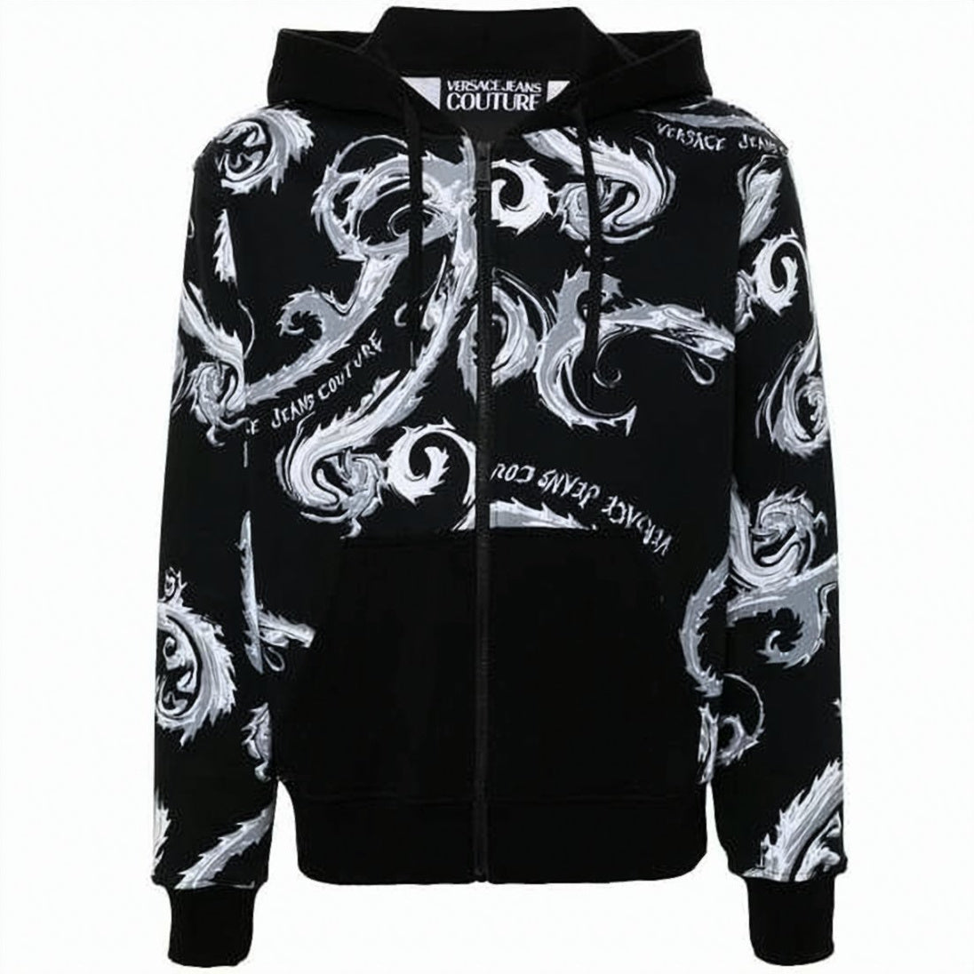 Baroque Pattern Zip-Up Hoodie with Drawstring