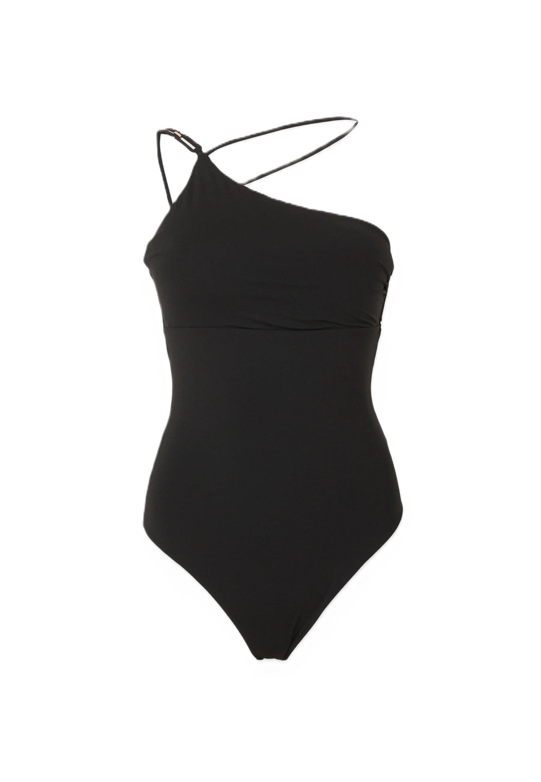 Asymmetrical One-Shoulder Black Swimsuit with Metallic Accents
