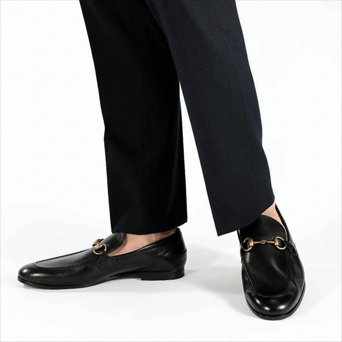 Black Leather Loafers with Gold Horsebit Detail