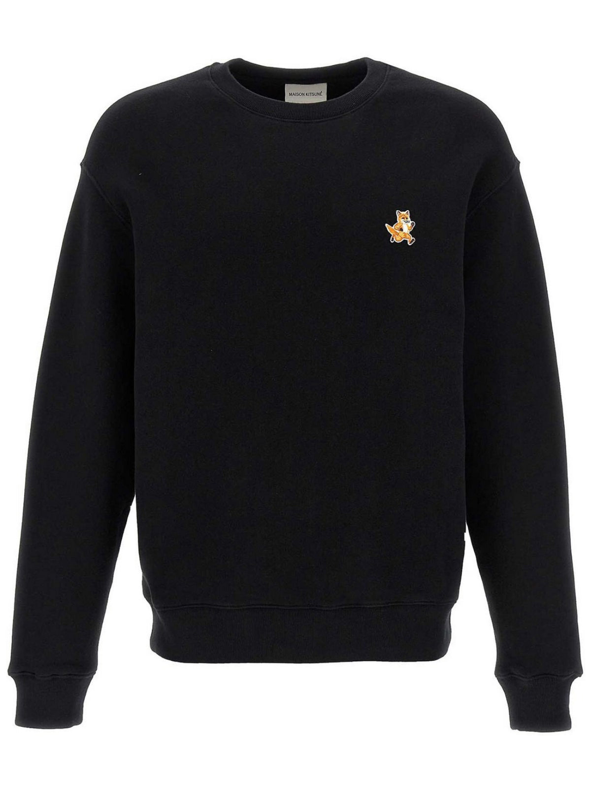 Long-Sleeve Black Crewneck With Embroidered Fox Emblem