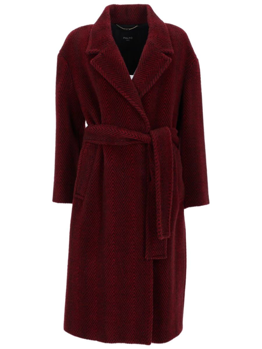 Burgundy Herringbone Coat With Wide Lapel