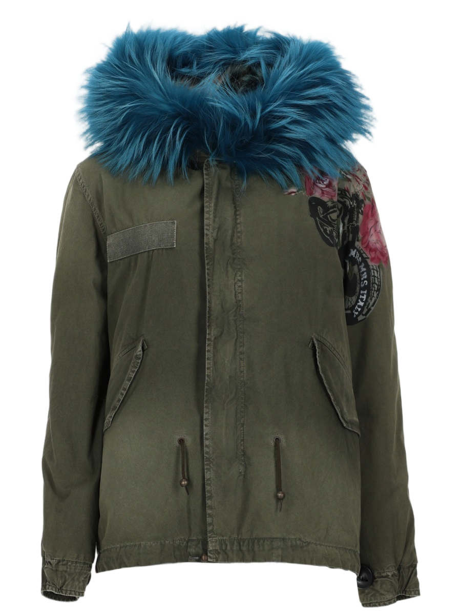 Olive Green Parka With Blue Faux Fur Trim
