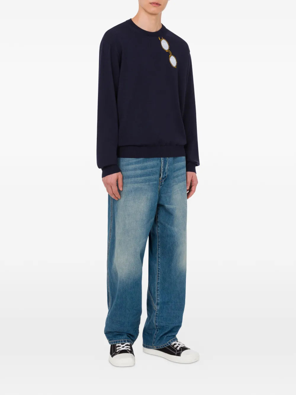 Dark Navy Blue Knit Sweater With Unique Embroidery