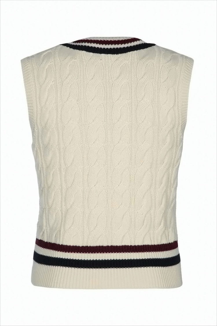 Cashmere Knit Vest With Cable Pattern And Contrasting Stripes