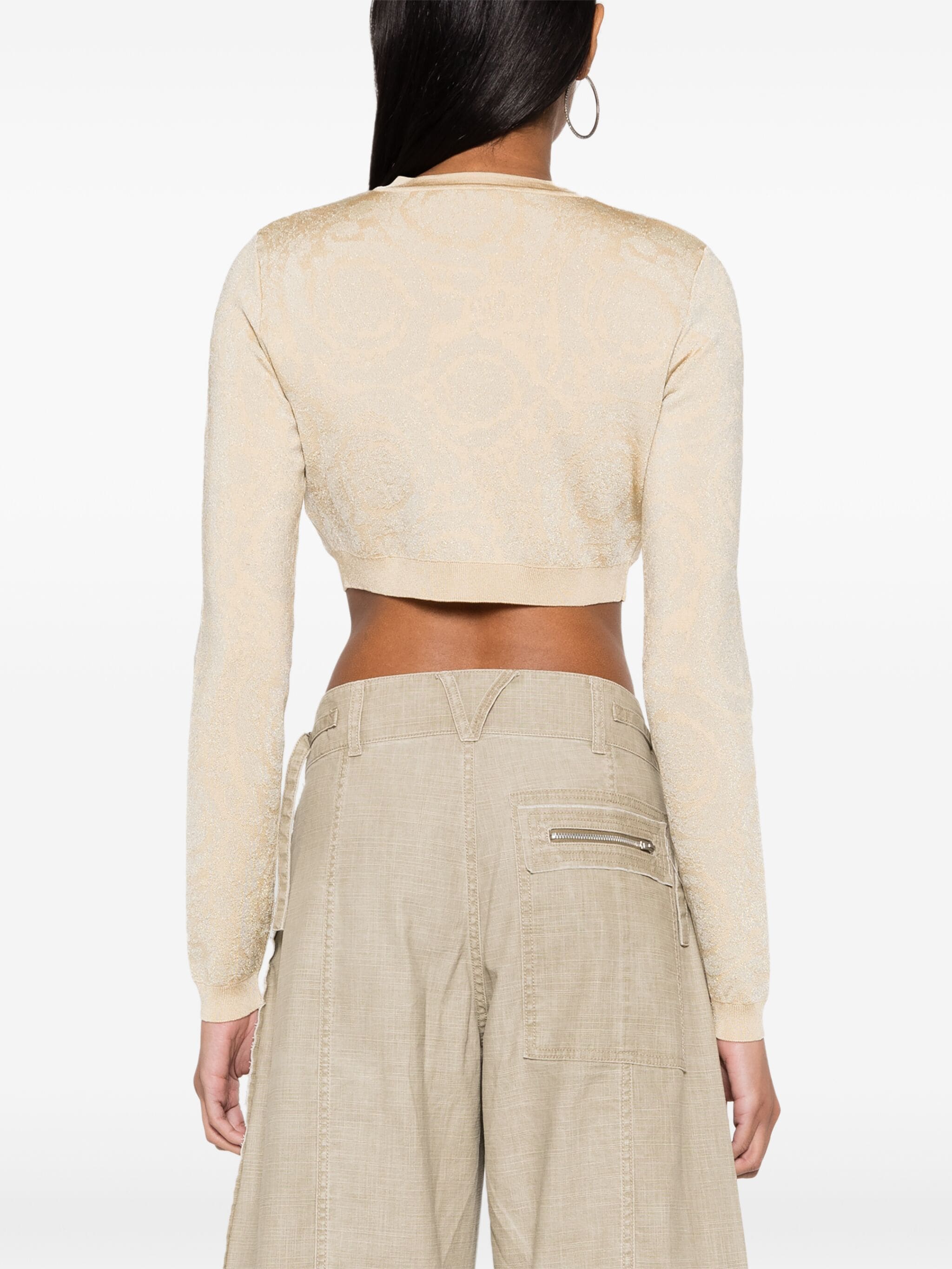 Beige Cropped Baroque Lurex Knit Cardigan