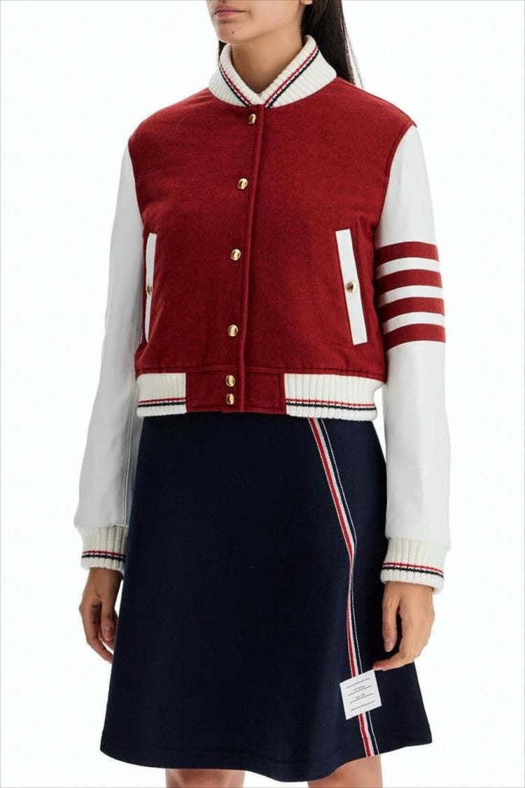 Cropped Varsity Jacket in Rich Red with Contrast Leather Sleeves