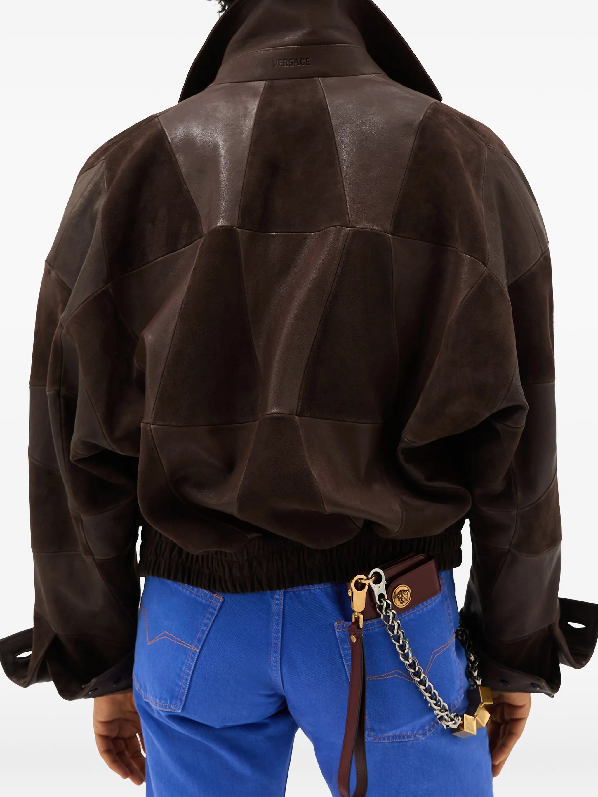 Brown Blouson Leather Patchwork Cropped Jacket