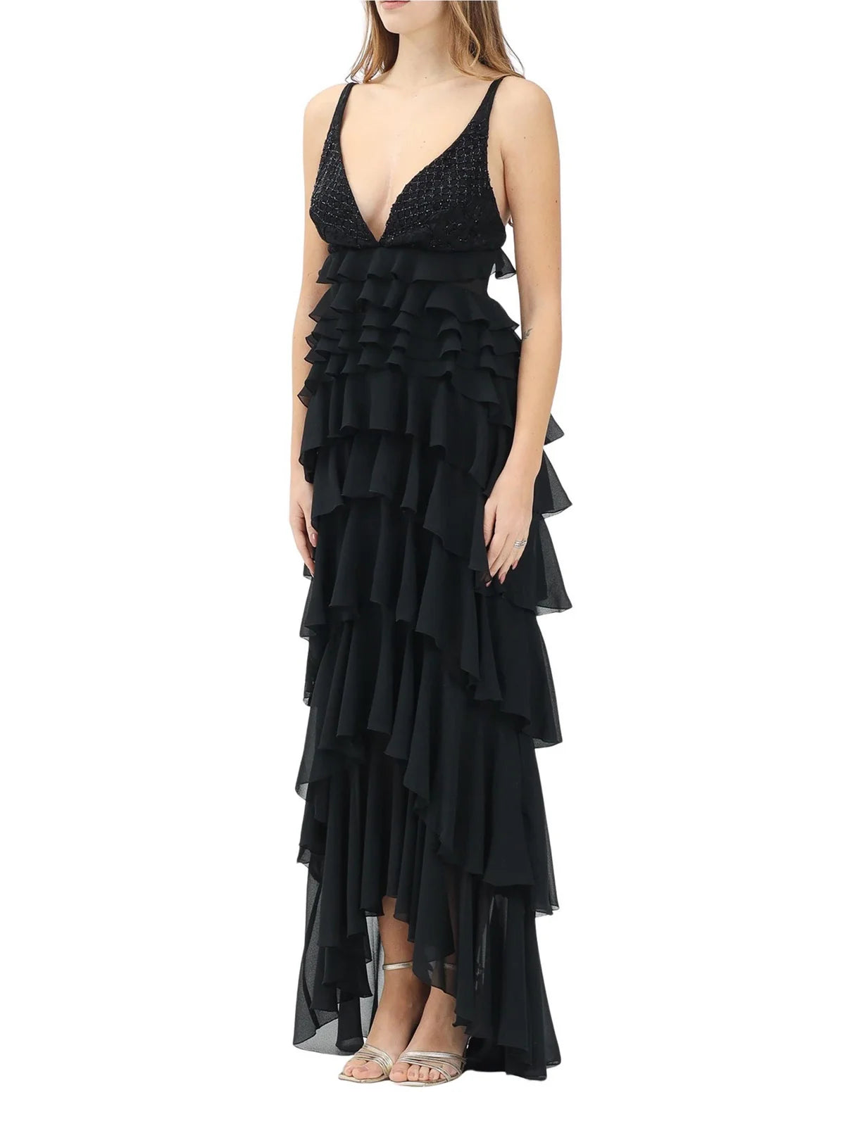 Black Polyester Ruffled Voile Dress