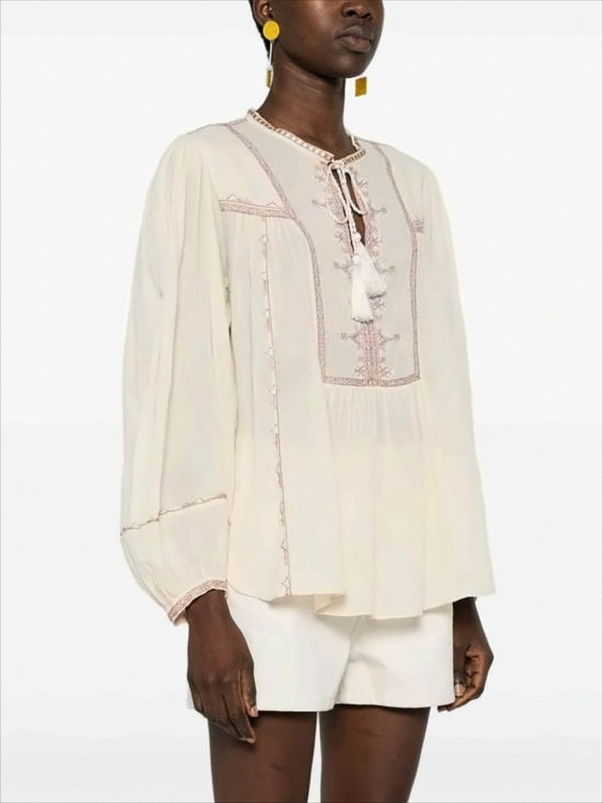Geometric Embroidered Cotton Blouse with Puffed Sleeves