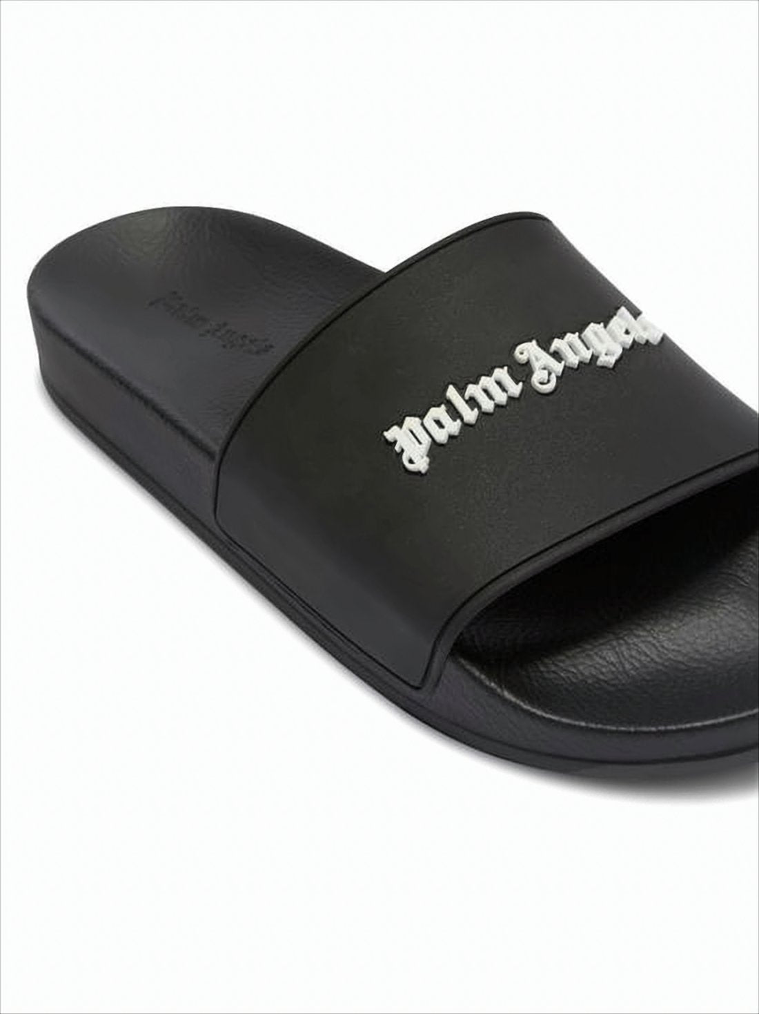 Contemporary Black Slide Sandals with Gothic Lettering