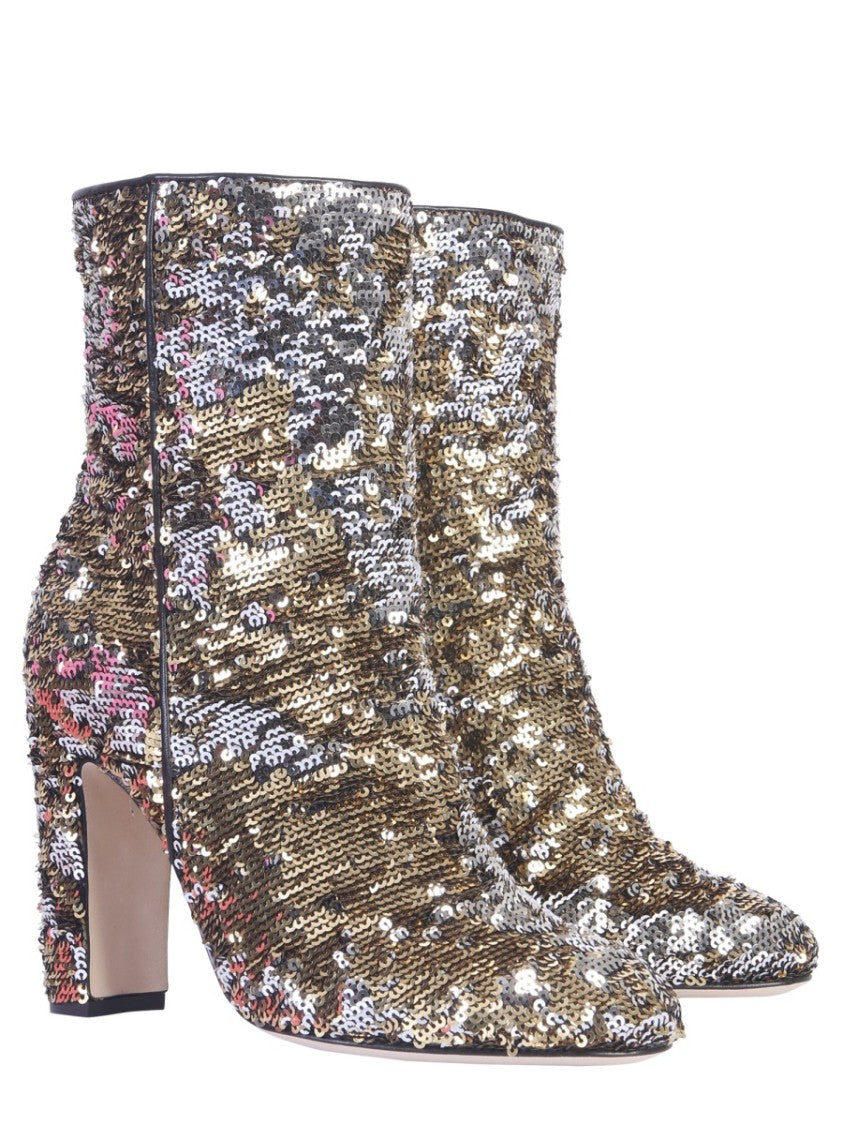 Pointed Toe Sequined Ankle Boots With High Block Heel
