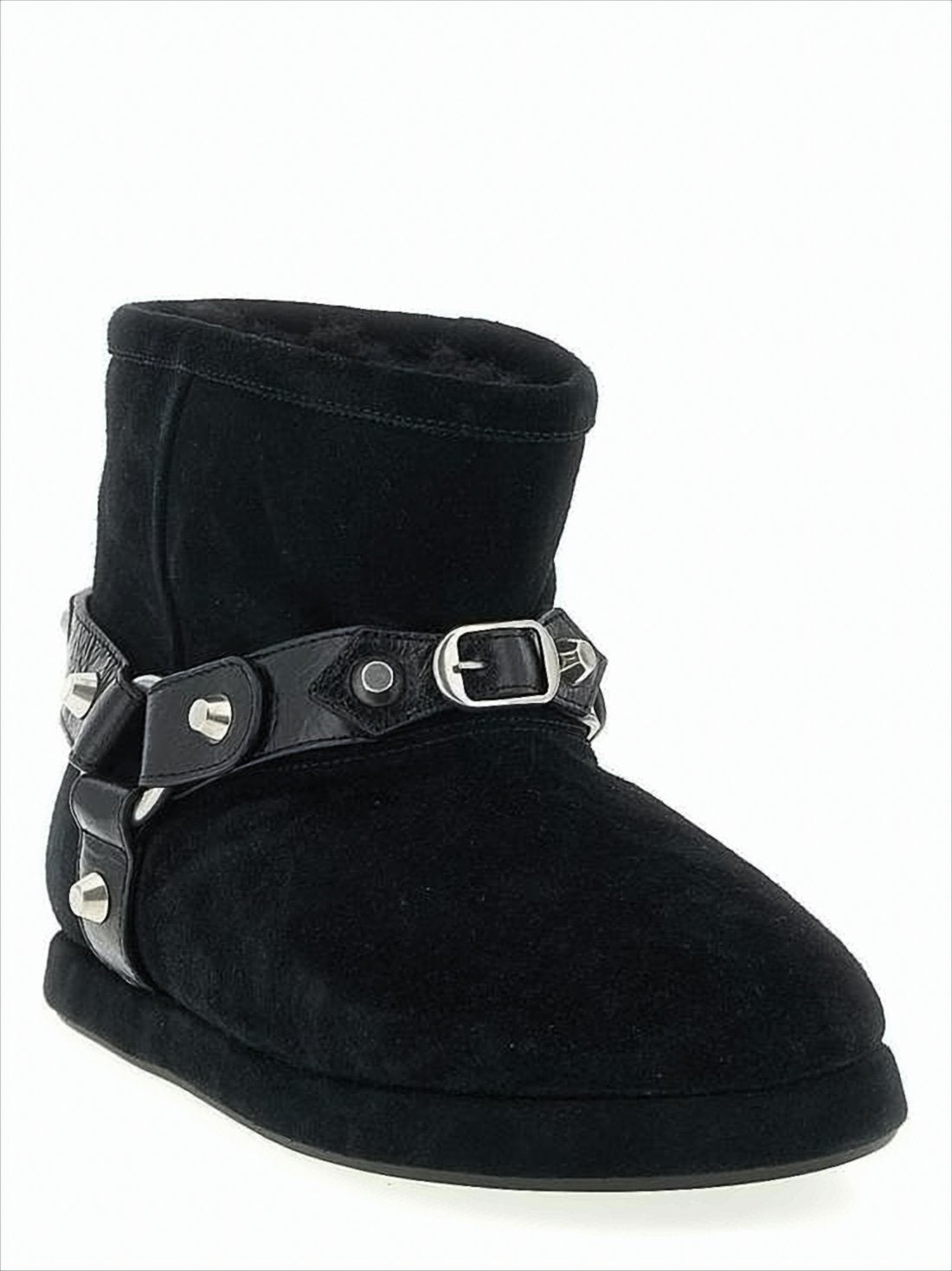 Plush Black Ankle Boots with Decorative Harness