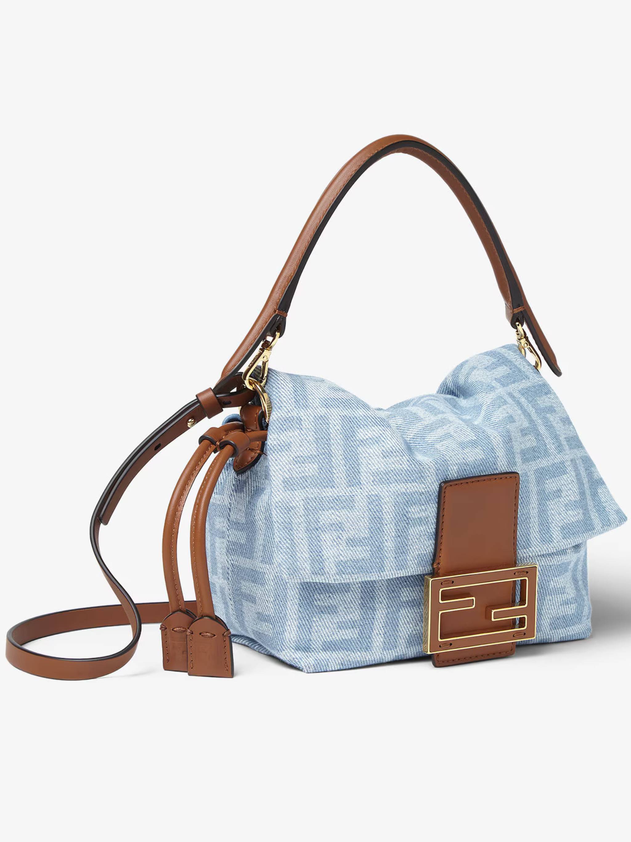 Soft Rectangular Baguette Bag with Monogram Pattern and Leather Accents