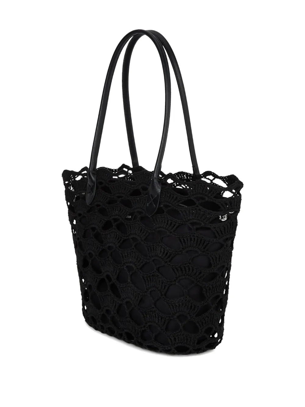Intricate Openwork Crochet Tote Bag with Logo Detail