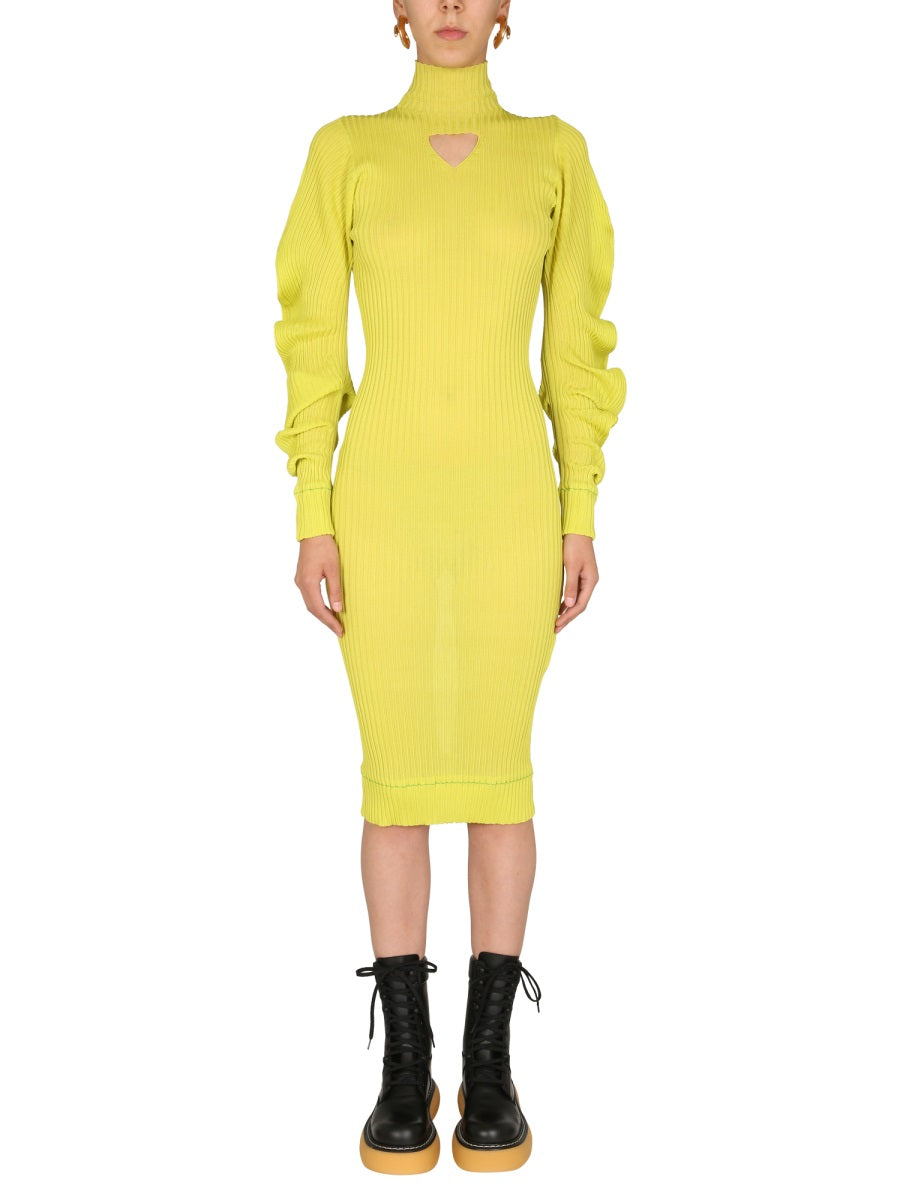 Polo Neck Silk Dress with Ruched Sleeves