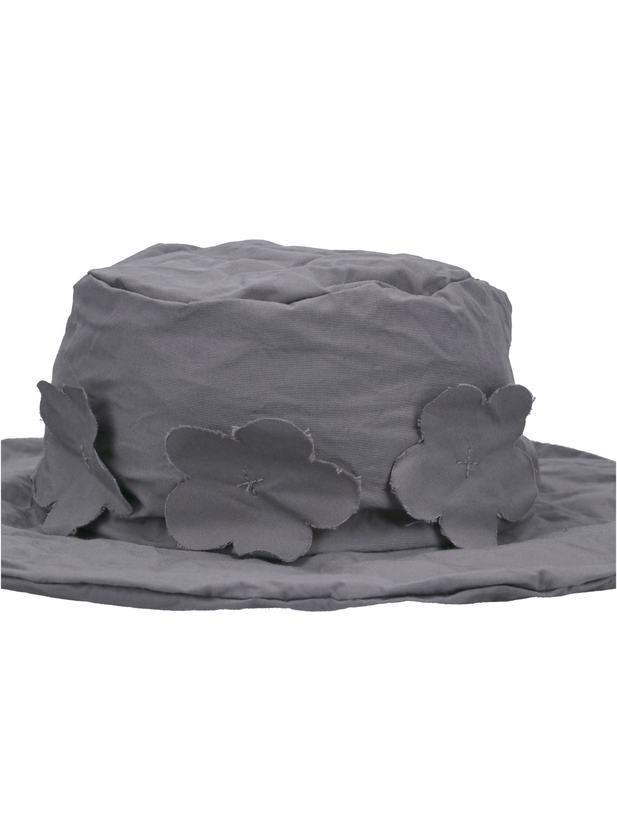 Grey Wide-Brimmed Floral Appliqué Cotton Hat