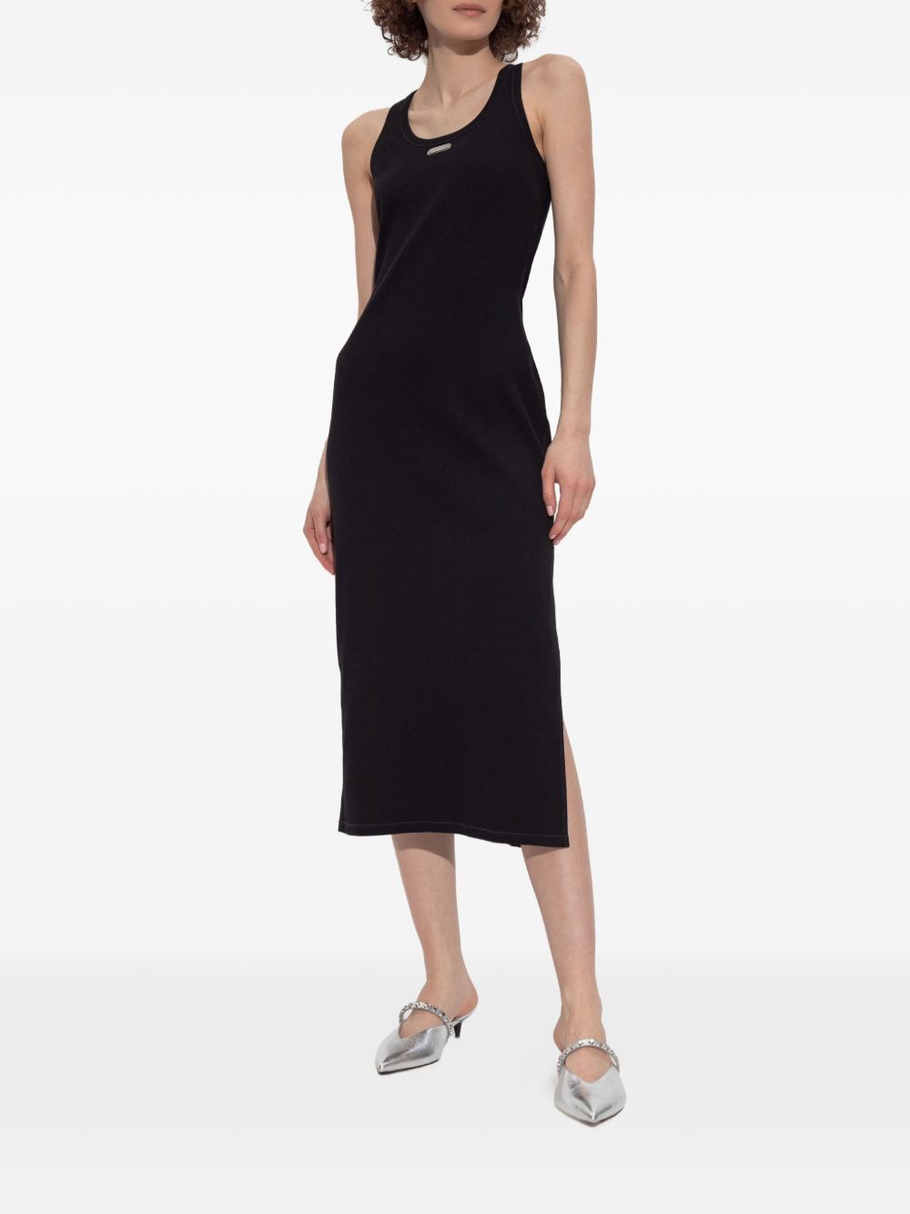Placket Midi Dress With Crew Neck And Side Slit