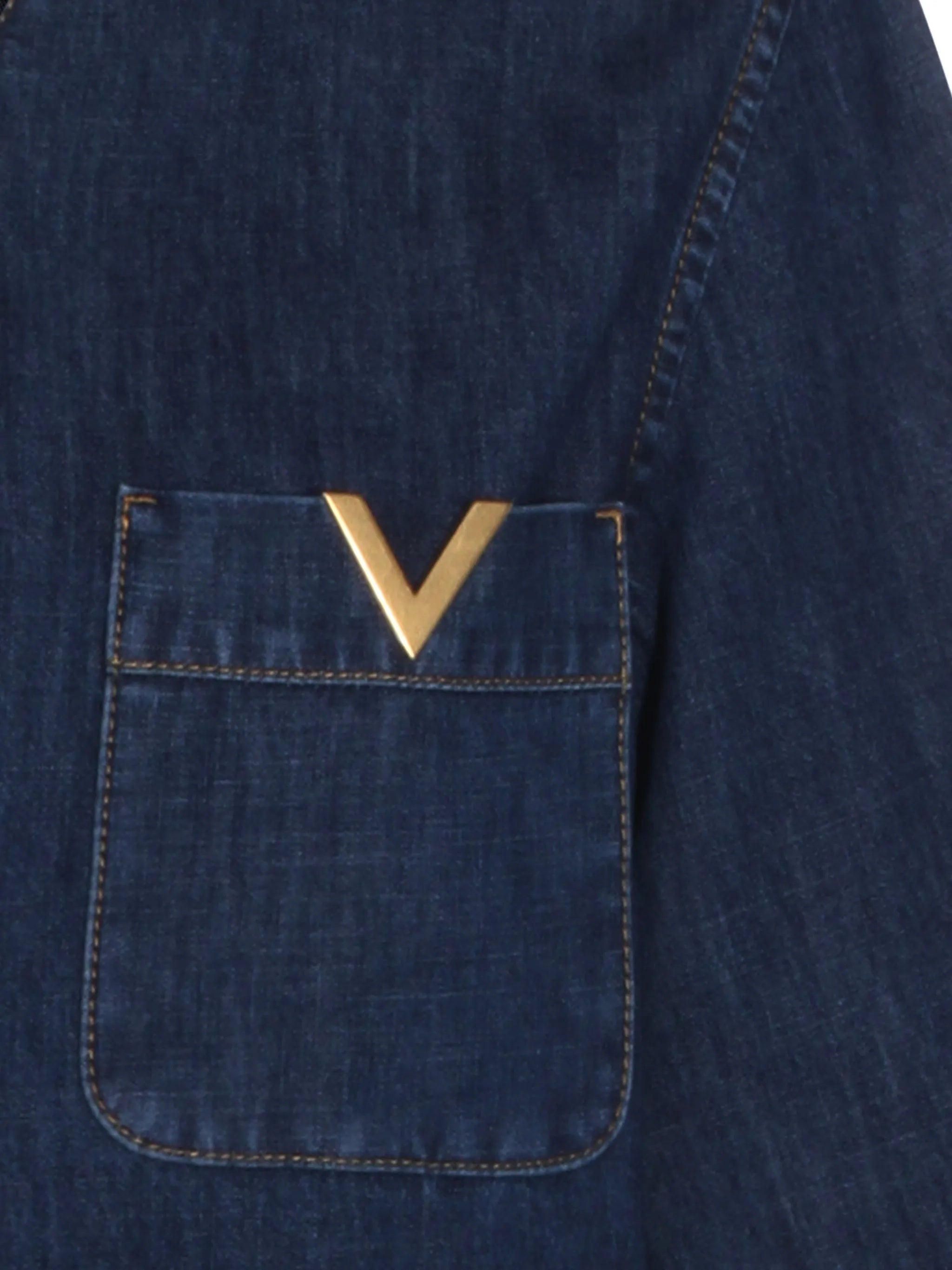 Blue Boxy Metallic-V Detail Denim Top