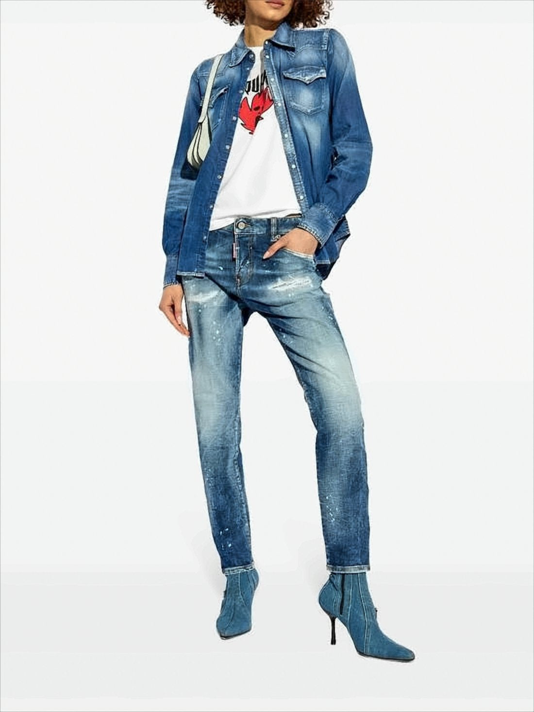 Ankle-Length Denim Pants with Distressed Detailing