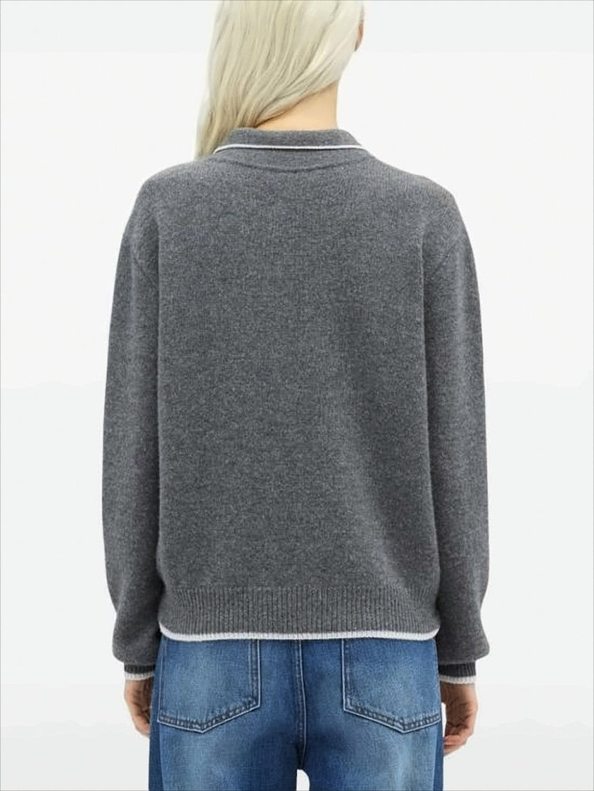 Polo Knit Sweater With Subtle Piping And Ribbed Details