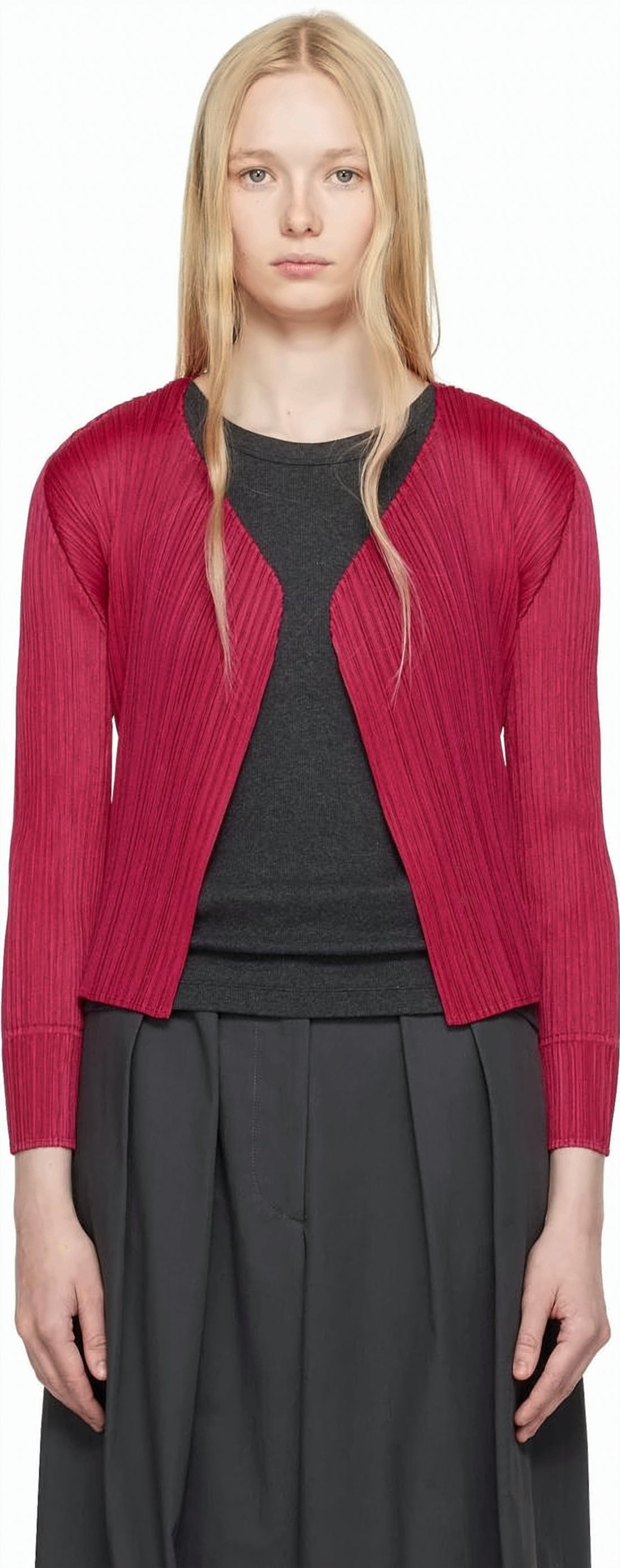 Cropped Pleated Cardigan with Structured Sleeves