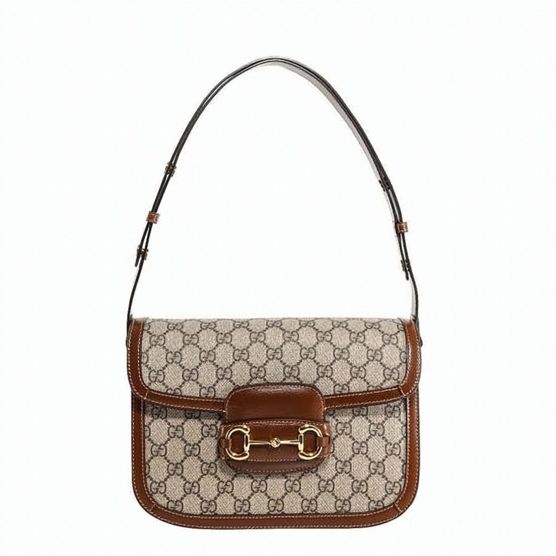 Structured Beige Canvas Horsebit Shoulder Bag with Leather Trimming