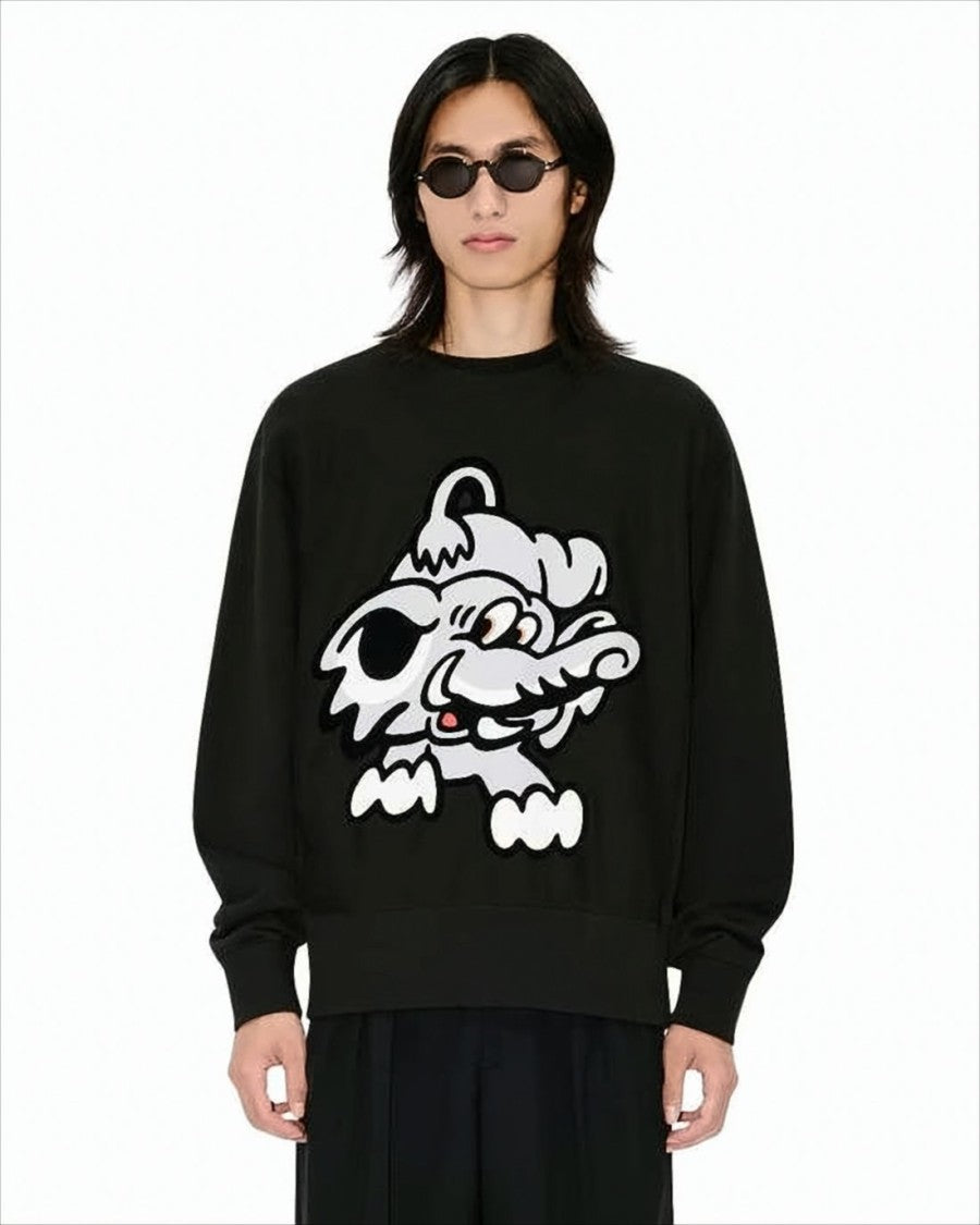 Long-Sleeve Black Cotton T-Shirt with Playful Graphic
