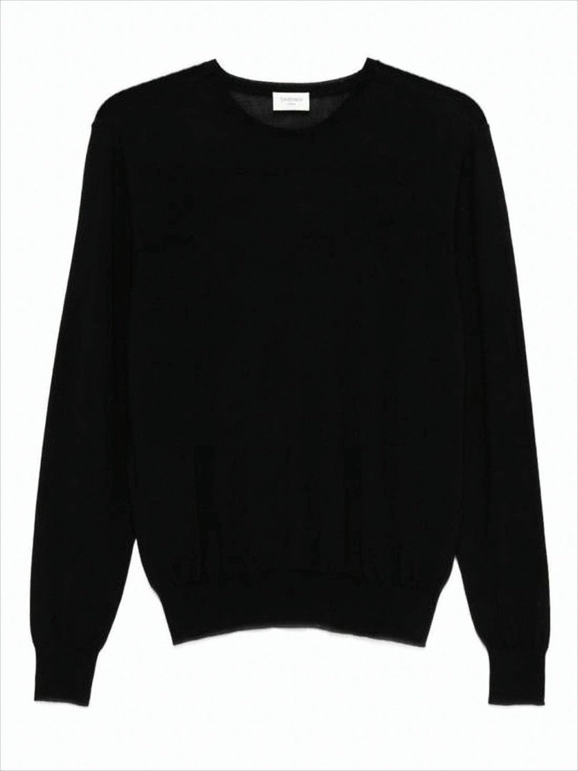 Crew Neck Black Wool Sweater with Ribbed Detail