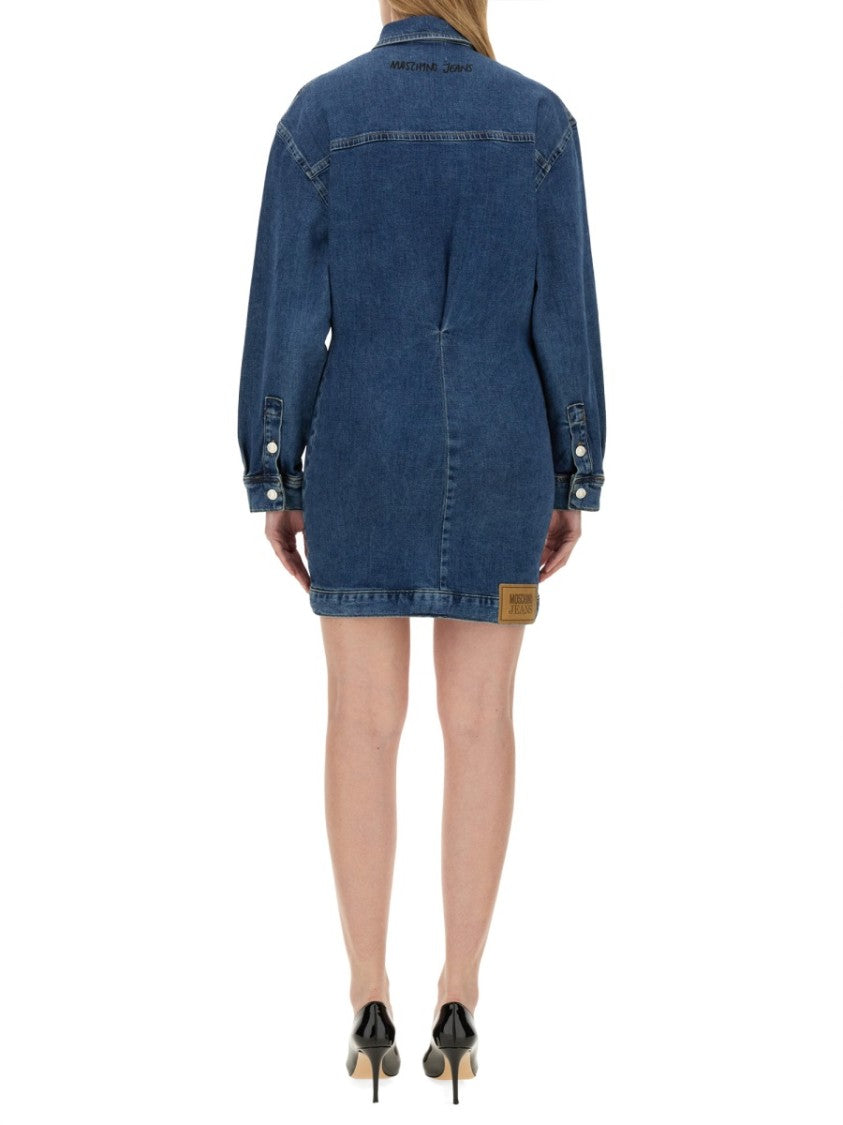 Classic Button-Down Denim Dress With Embroidered Detail