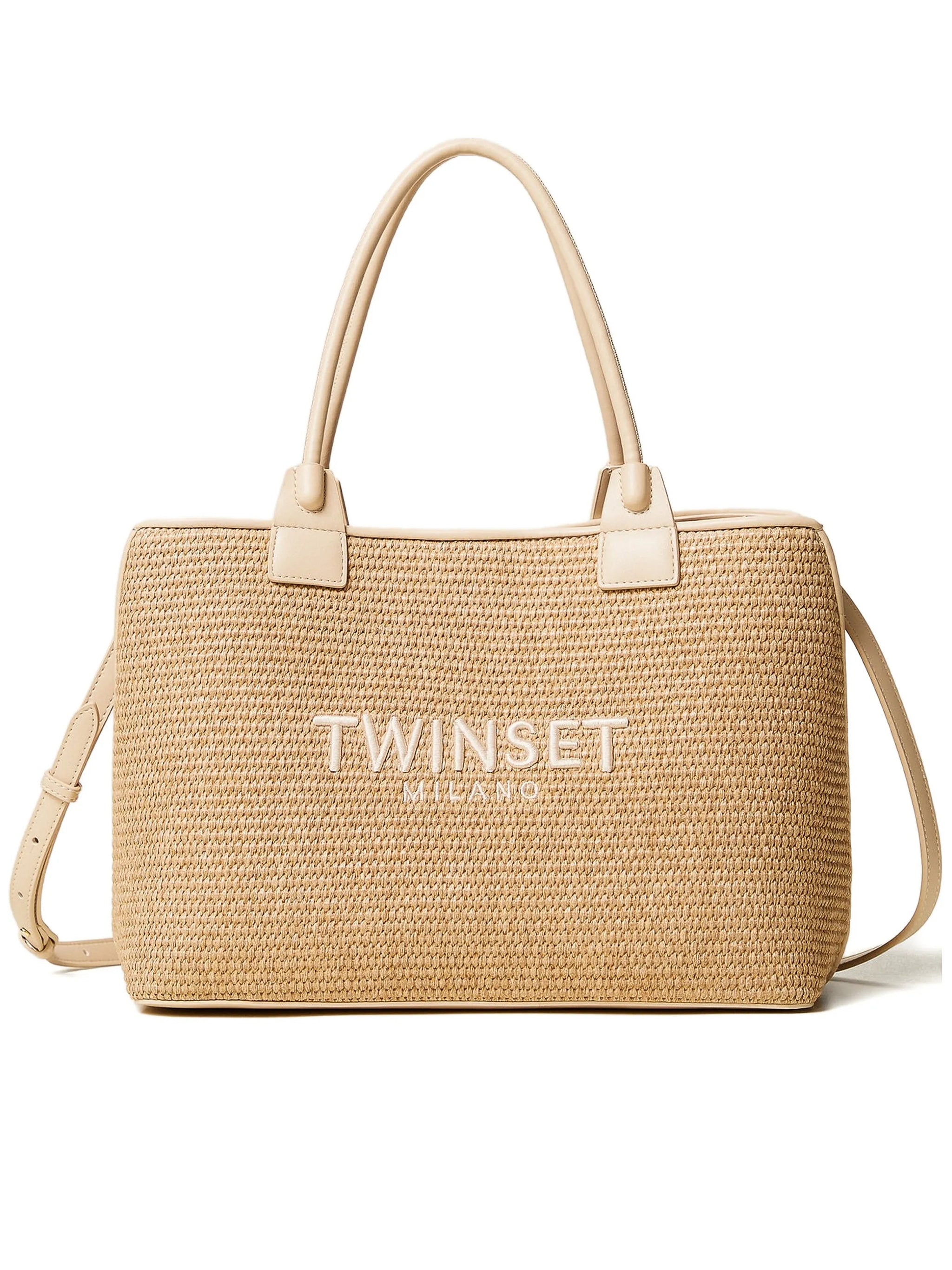 Beige Rectangular Woven Tote