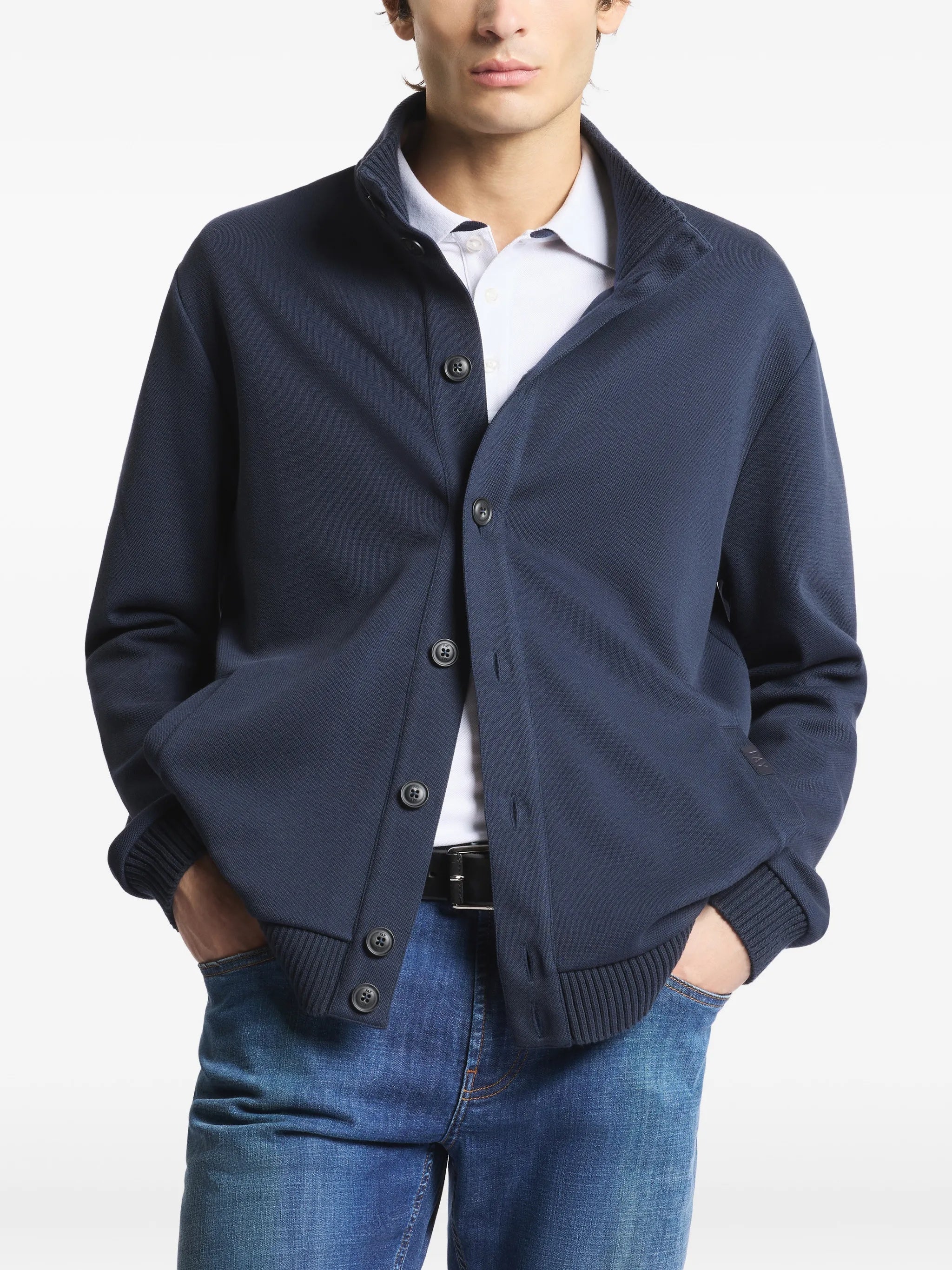 Navy Blue Bomber Ribbed Detail Jacket