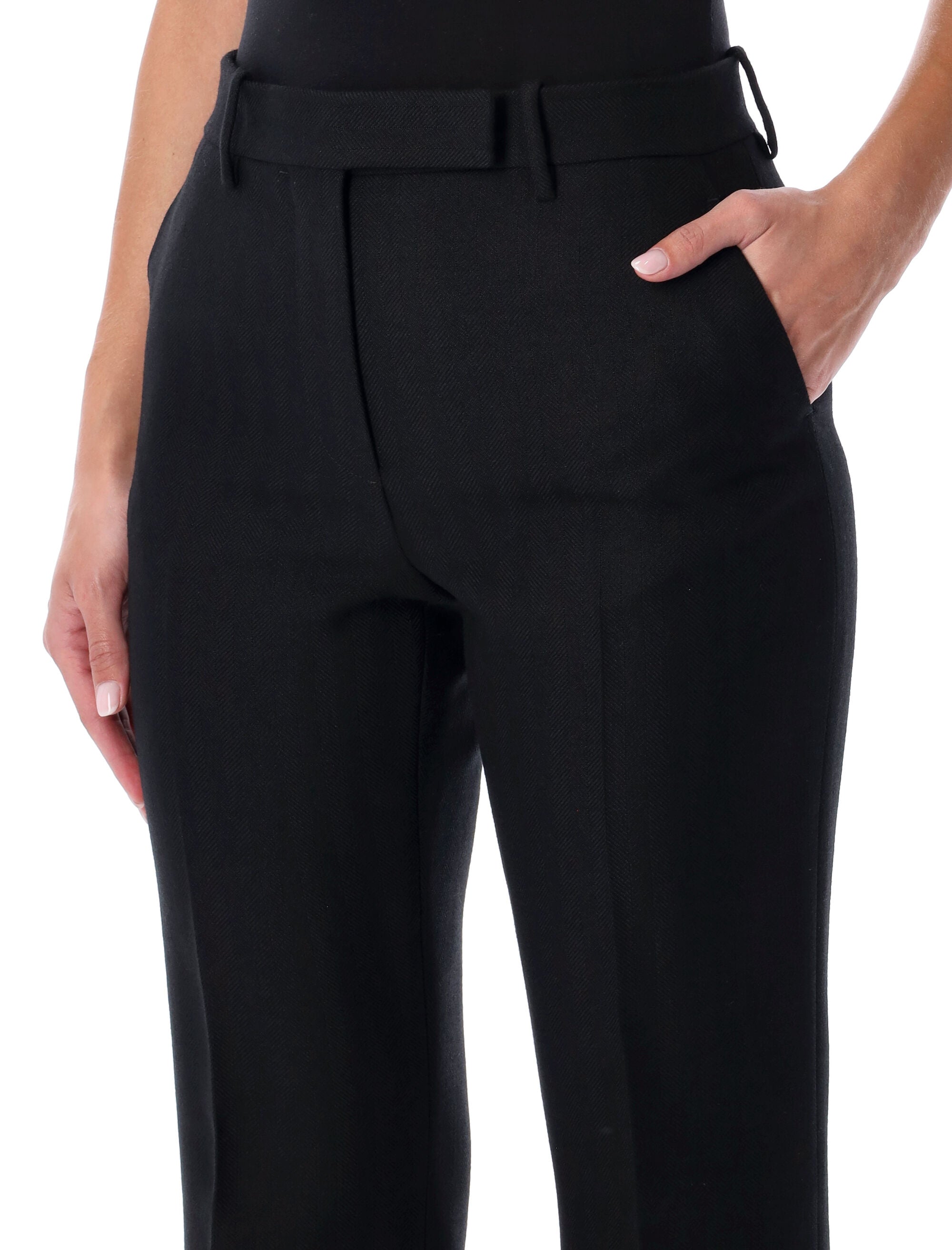 Black Tailored Straight-Leg Trousers In Herringbone Wool